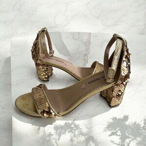 STEVE MADDEN Girls Gold Sequined Kitten Heels Sandals Size 4